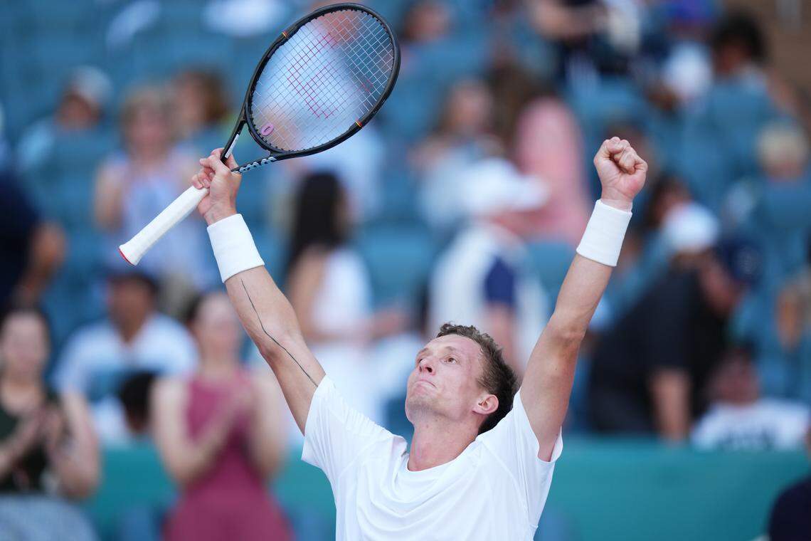 MIAMI GARDENS, FLORIDA - MARCH 24: Jiri Lehecka of Czechia reacts after defeating Taylor Fritz of the United States during day 8 of the Miami open at Hard Rock Stadium on March 24, 2026 in Miami Gardens, Florida. (Photo by Rich Storry/Getty Images)