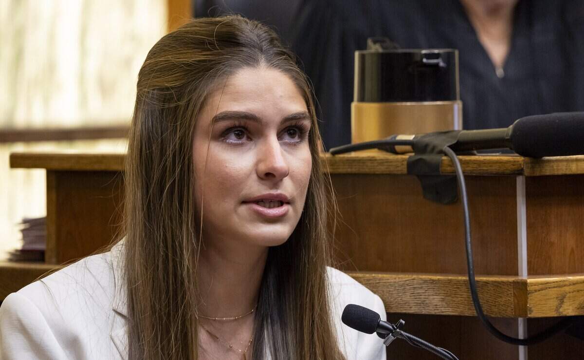 Claudia Portocarrero reacts as she testifies during the George Pino trial at the Richard E. Gerstein Justice Building on Tuesday, June 16, 2026, in Miami, Fla. Pino is charged in connection to the boat crash that killed 17-year-old Lucy Fernandez in 2022.