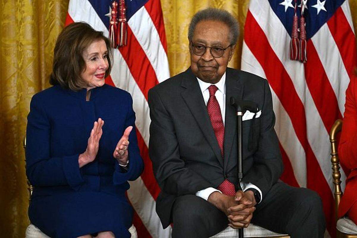 US Representative Nancy Pelosi (D-CA) and US lawyer Clarence B. Jones (R) attend the Presidential Medal of Freedom ceremony in the East Room of the White House in Washington, DC, on May 3, 2024. The Presidential Medal of Freedom is the Nation's highest civilian honor, presented to individuals who have made exemplary contributions to the prosperity, values, or security of the United States, world peace, or other significant societal, public or private endeavors. (Photo by ANDREW CABALLERO-REYNOLDS / AFP) (Photo by ANDREW CABALLERO-REYNOLDS/AFP via Getty Images)