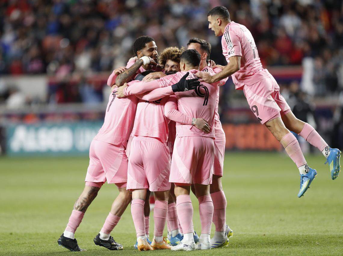 SANDY, UTAH - APRIL 22: Rodrigo De Paul #7 of Inter Miami CF celebrates with teammates after scoring the team's first goal during the MLS match between Real Salt Lake and Inter Miami CF at America First Field on April 22, 2026 in Sandy, Utah. (Photo by Chris Gardner/Getty Images)