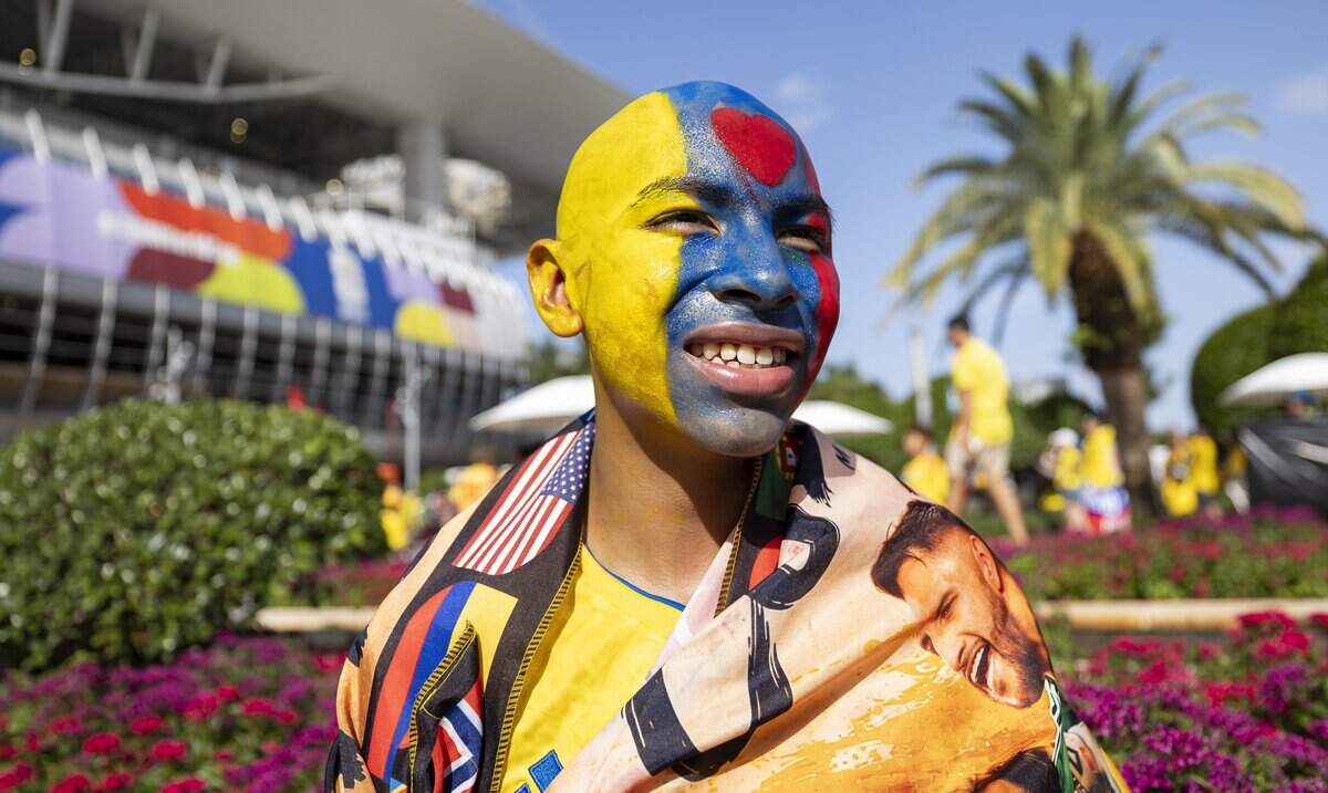Colombia fan Michael Arango arrives to watch his team play against Portugal in their World Cup Group K soccer match at Hard Rock Stadium (Miami Stadium) on Saturday, June 27, 2026, in Miami Gardens, Fla.