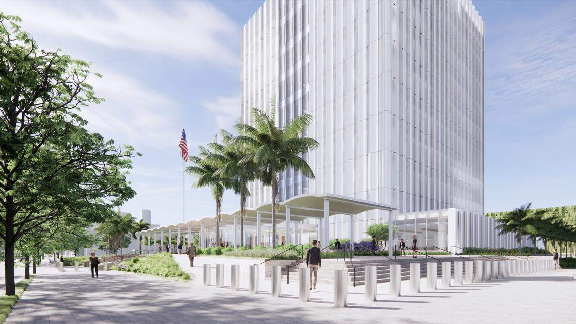 An architectural rendering from the firm of Skidmore, Owings and Merrill, or SOM, depicts the $190 million U.S. Courthouse to be built on the south bank of the Tarpon River in Fort Lauderdale.