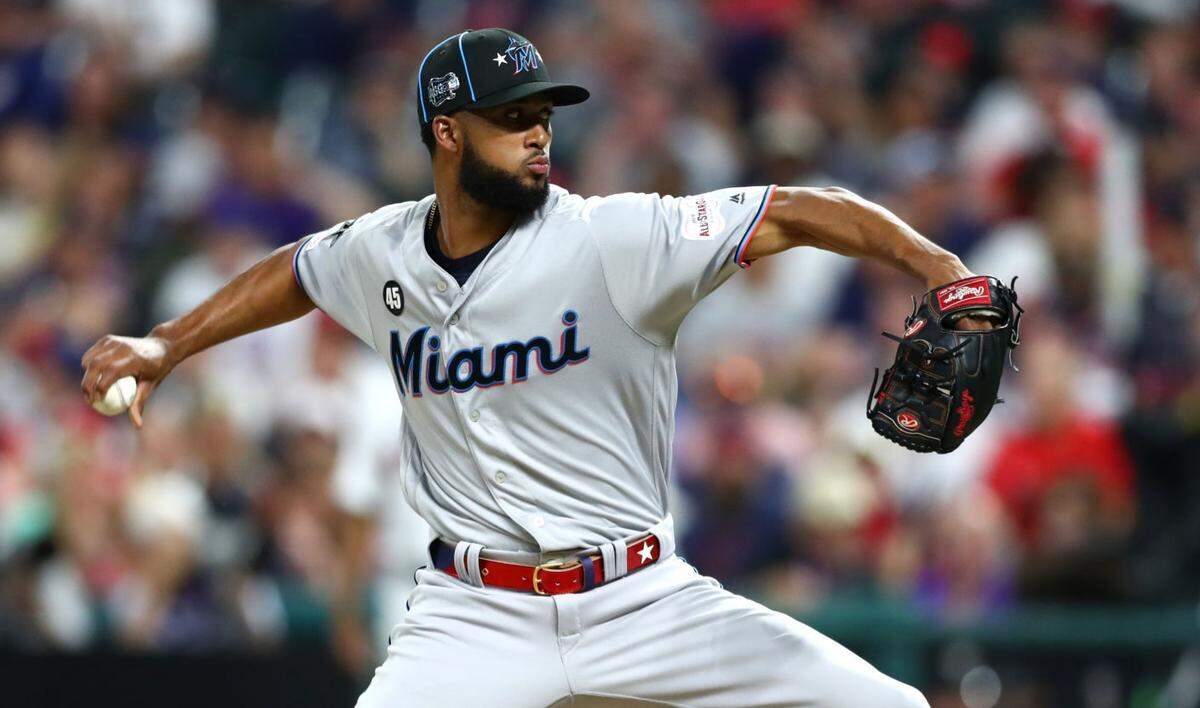 The Miami Marlins’ Sandy Alcantara pitches the eighth inning during the 90th MLB All-Star Game at Progressive Field on Tuesday, July 9, 2019, in Cleveland, Ohio