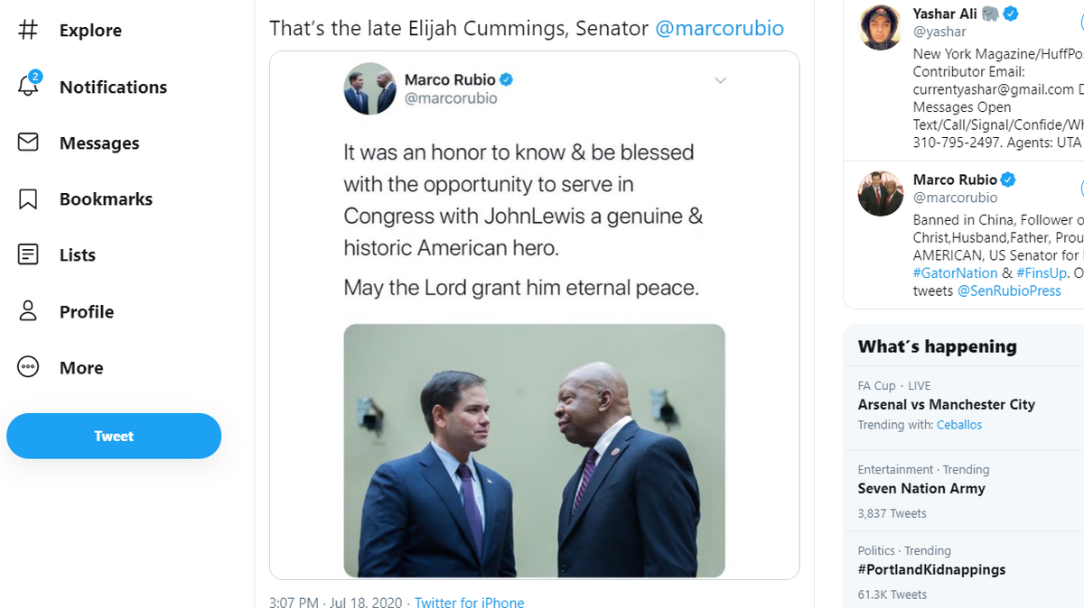 Florida Senator Marco Rubio mistakenly used a photo of late U.S. Representative Elijah Cummings in a Twitter post honoring Rep. John Lewis who died Friday.