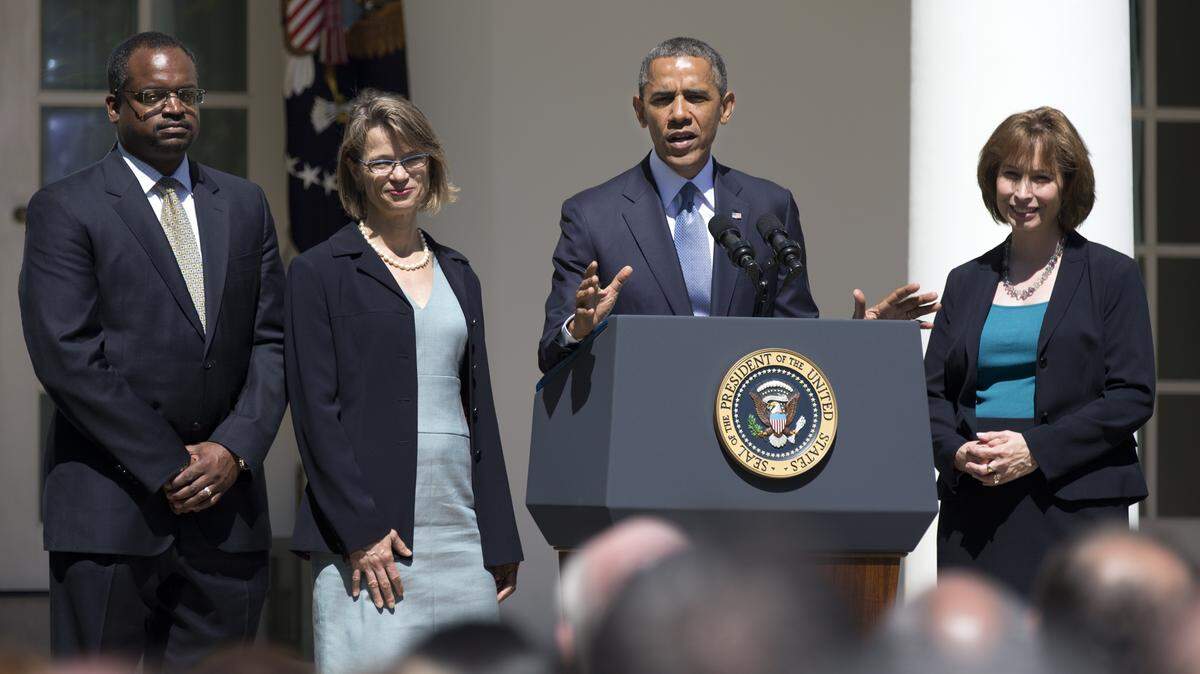 President Barack Obama on Tuesday, June 4, 2013, announcing the nominations of, from left, Robert Wilkins, Cornelia Pillard, and Patricia Ann Millet, to the U.S. Court of Appeals for the District of Columbia Circuit.  The trio issued a sweeping order on Thursday, May 10, 2018, that appeared to wade into issues of attorney-client privilege in Guantánamo's stalled USS Cole tribunal.