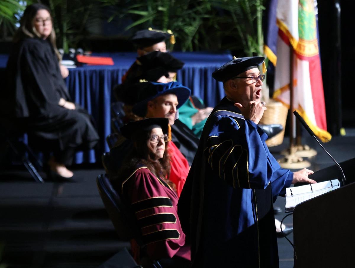 FIU President Kenneth Jessell also credited coffee in his speech: “You were able to go to college in Miami with cafecito readily available at all hours — and I mean all hours,” he joked as the crowd cheered. Jessell leads FIU, the largest public university in the area with about 56,000 students, since 2022.