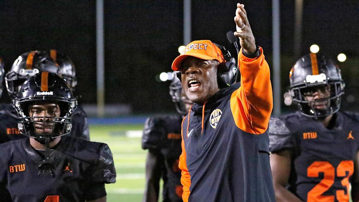 Booker T. Washington Tornadoes head coach Tim “Ice” Harris during the football game against Carol City Chiefs on Thursday, November 10, 2022 at Traz Powell Stadium in Miami. Andrew Uloza / for Miami Herald