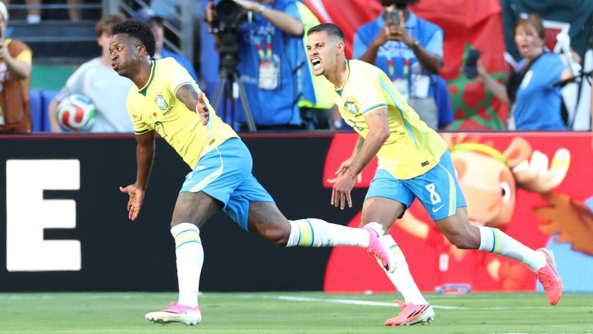 EAST RUTHERFORD, NEW JERSEY - JUNE 13: Vinicius Junior #7 of Brazil celebrates scoring his team's first goal during the FIFA World Cup 2026 Group C match between Brazil and Morocco at New York New Jersey Stadium on June 13, 2026 in East Rutherford, New Jersey. (Photo by Dan Mullan/Getty Images)