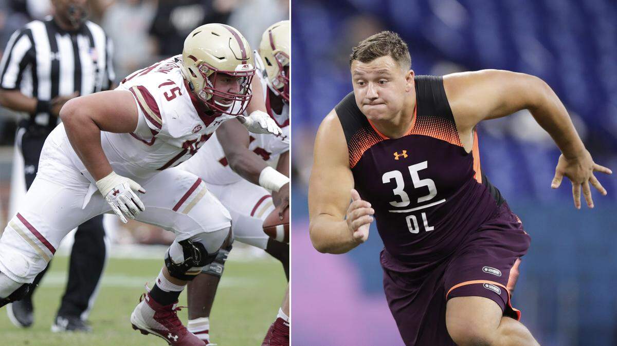 At left, in a Sept. 22, 2018, file photo, Boston College offensive lineman Chris Lindstrom (75) plays against Purdue during the second half of an NCAA college football game in West Lafayette, Ind. At right, in a March 1, 2019, file photo,  Boston College offensive lineman Chris Lindstrom runs a drill at the NFL football scouting combine in Indianapolis. Lindstrom is a possible pick in the 2019 NFL Draft.