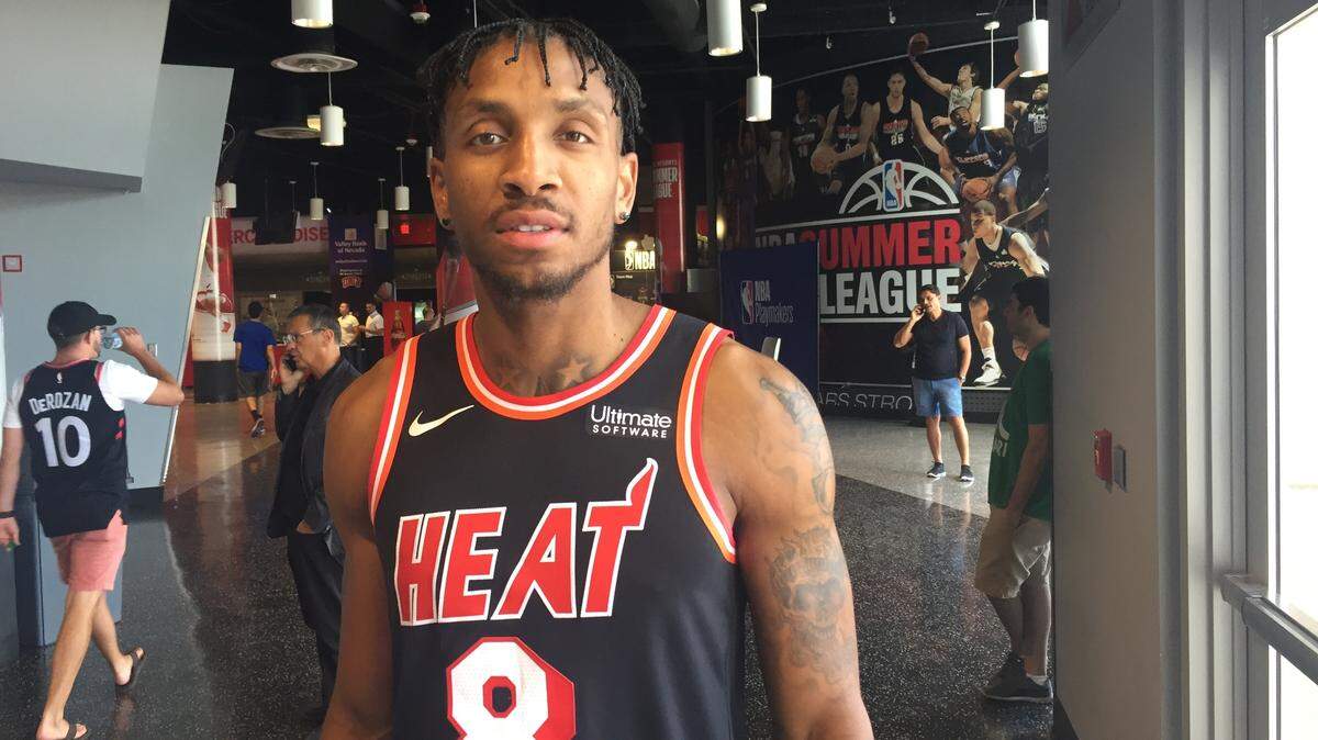 Miami Heat guard Rodney McGruder poses for a photo outside the Thomas & Mack Center on the UNLV campus during NBA Summer League on July 8, 2018.
