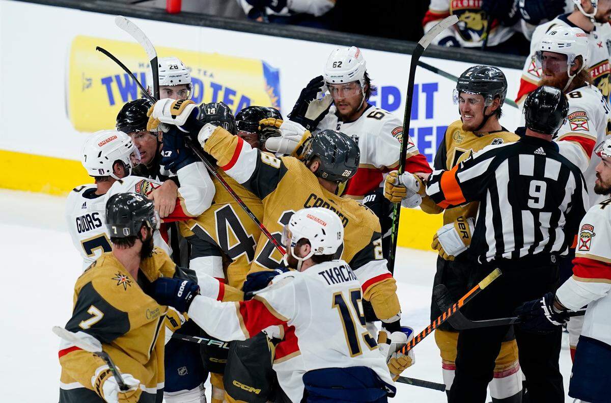 Jun 3, 2023; Las Vegas, Nevada, USA; Florida Panthers and Vegas Golden Knights players engage in a scrum after the whistle during the second period in game one of the 2023 Stanley Cup Final at T-Mobile Arena. Mandatory Credit: Lucas Peltier-USA TODAY Sports