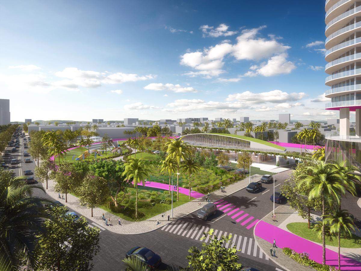 A rendering of the 3-acre public park planned for the area between Alton Road and West Avenue near the entrance to the MacArthur Causeway. Courtesy of Arquitectonica