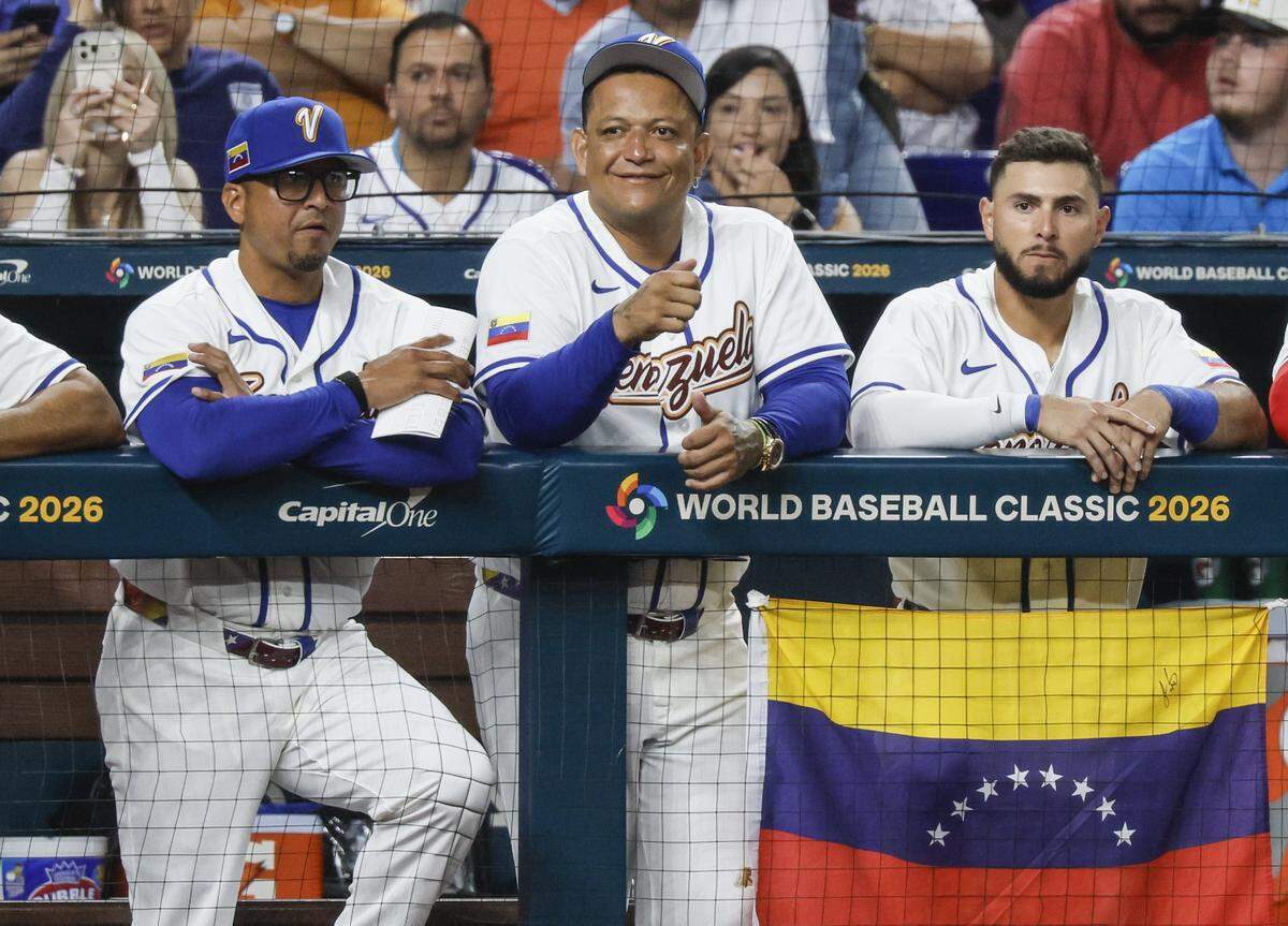 Venezuela hitting coach Miguel Cabrera (24), and former Marlins player, is seen at center of the dugout at during the World Baseball Classic against Israel at loanDepot park in Miami, Florida, on Saturday, March 7, 2026. 