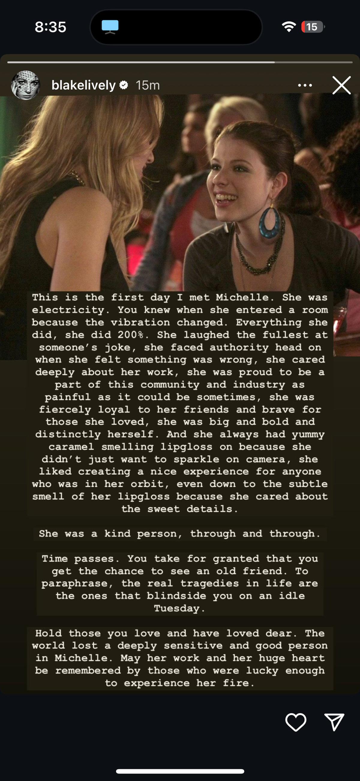 Blake Lively remembers Michelle Trachtenberg