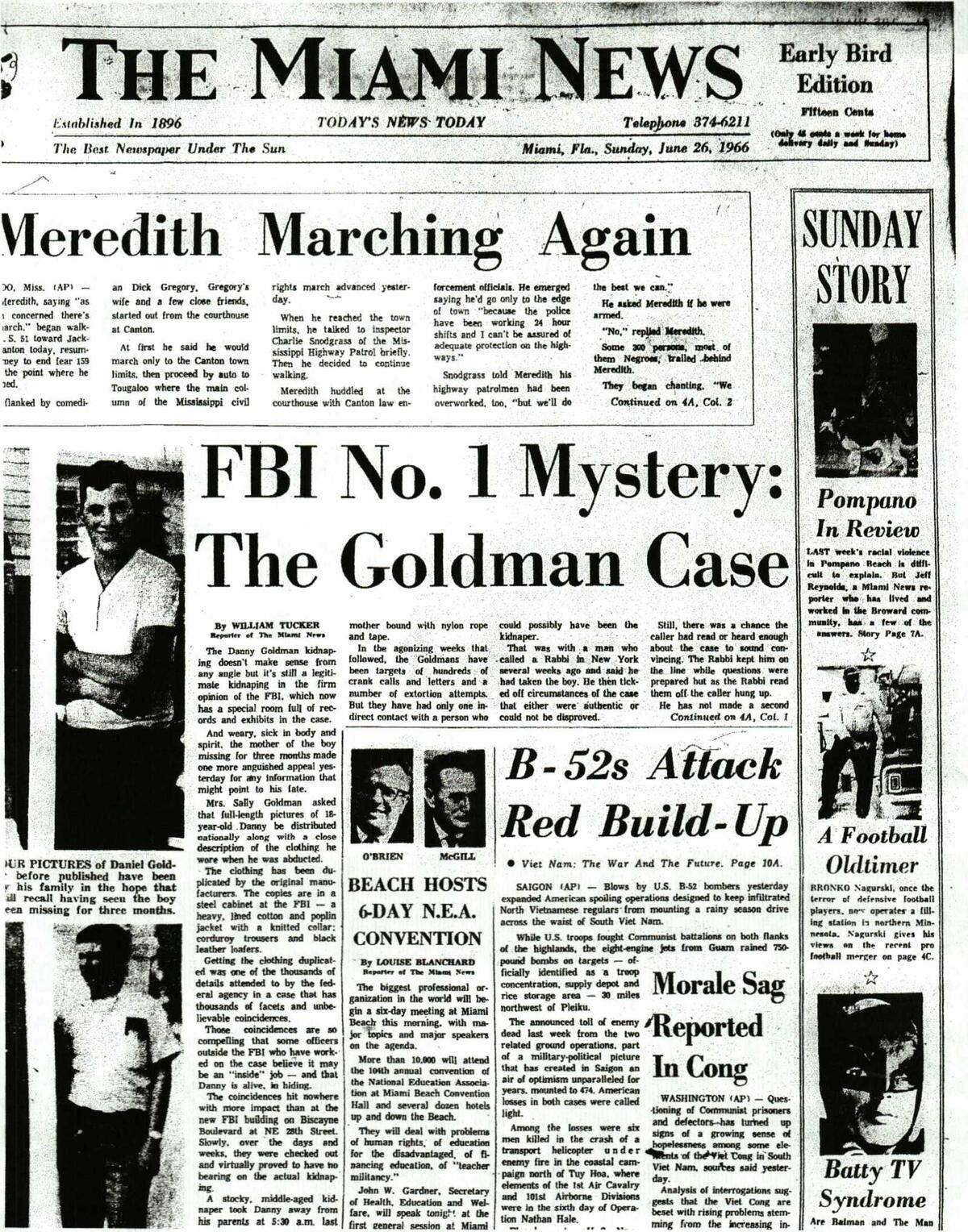 Headlines like this one from the Miami News were common after Danny Goldman’s 1966 abduction rattled police and residents.