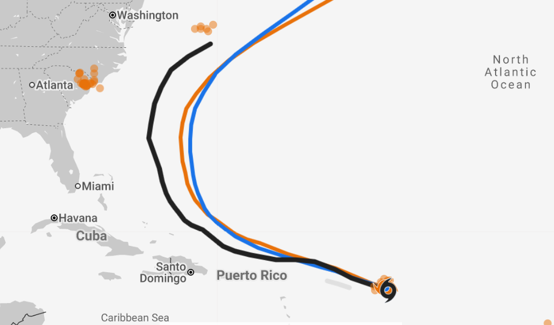 This image shows the observed track of Hurricane Erin in black, the European weather model predicted track in orange and the DeepMind forecast track in blue. For the first three days, DeepMind’s was the most accurate, but it kept up with the Euro for the rest of the forecast.