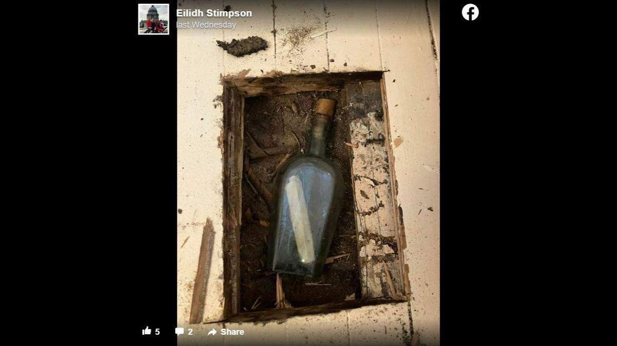 Paul Allan, a plumber, uncovered a 135-year-old message in a bottle left by two men who originally laid the Scottish home’s floorboards.