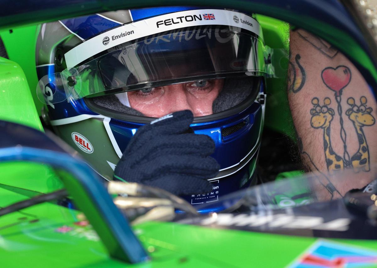 Tom Felton prepares to take off in an electric race car at the Hard Rock Stadium in Miami Gardens, Florida on Wednesday, March 6, 2025.