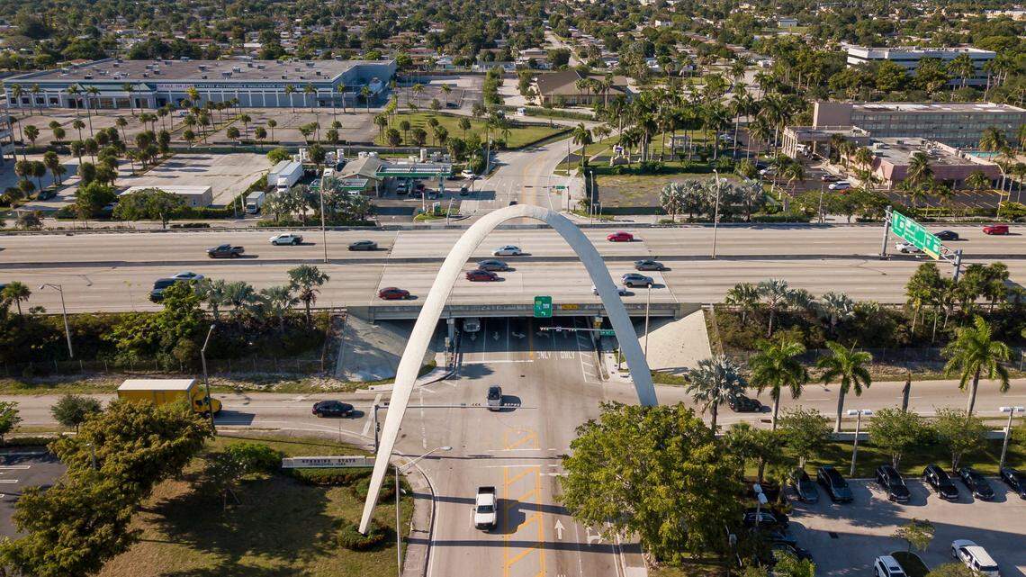 Aerial view of the Sunshine State Arch on Thursday, May 11, 2023, in Miami Gardens, Fla.
