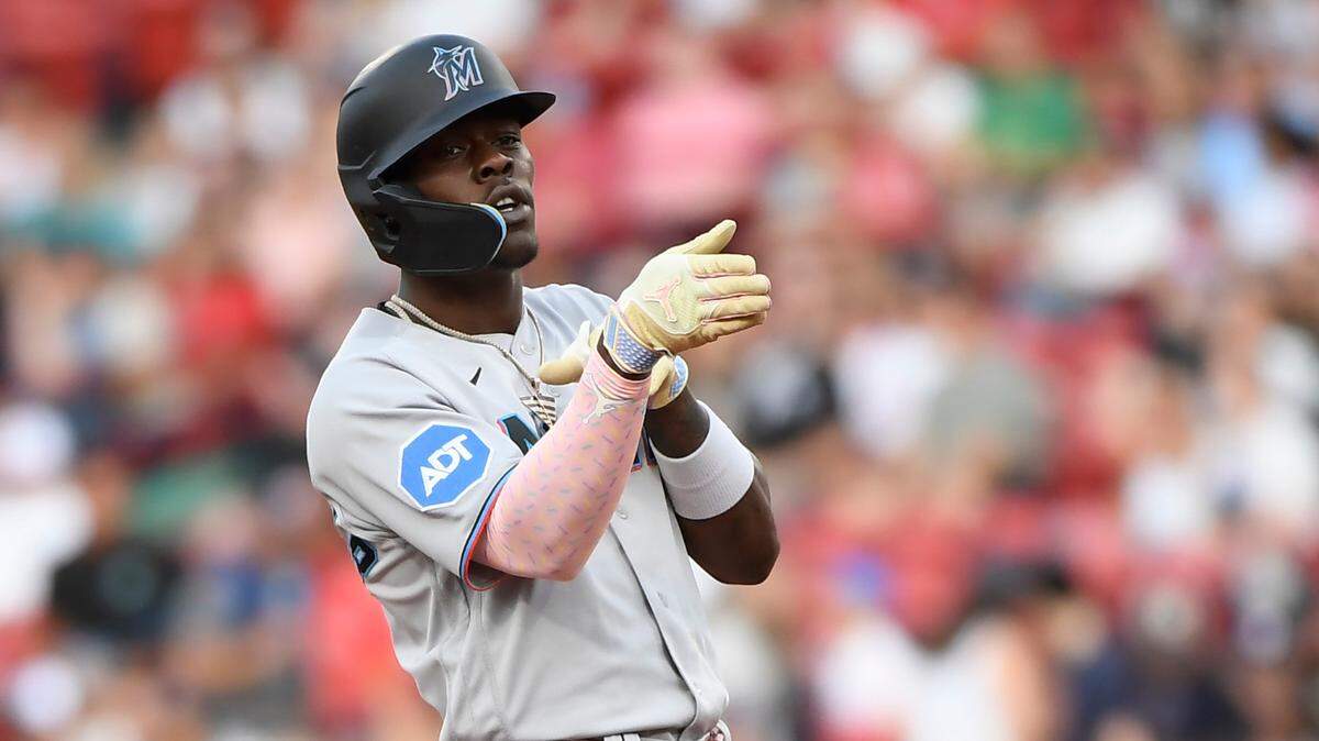Jun 27, 2023; Boston, Massachusetts, USA; Miami Marlins center fielder Jazz Chisholm (2) reacts after hitting a double during the first inning against the Boston Red Sox at Fenway Park. Mandatory Credit: Bob DeChiara-USA TODAY Sports
