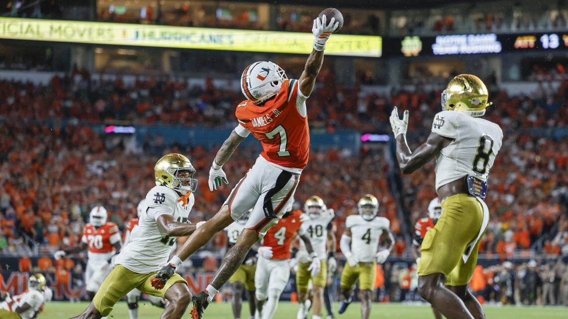 Miami Hurricanes wide receiver CJ Daniels (7) on a one handed catch for the touchdown in the second quarter against the Notre Dame Fighting Irish during an NCAA football game at Hard Rock Stadium in Miami Gardens, Florida, on Sunday, August 31, 2025.