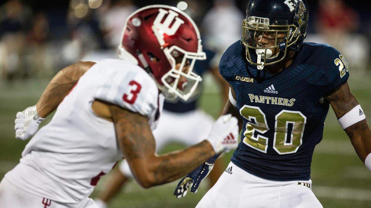 Florida International University defensive back Emmanuel Lubin (20) covers Indiana University wide receiver Ty Fryfogle (3) in the third quarter during a football game at Riccardo Silva Stadium in Miami, FL, on Saturday, September 1, 2018.