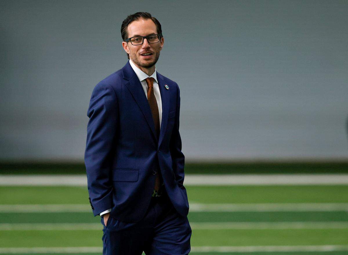 New Miami Dolphins head coach Mike McDaniel looks on before the start of his introductory press conference at Baptist Health Training Complex in Hard Rock Stadium on Thursday, February 10, 2022 in Miami Gardens, Florida.