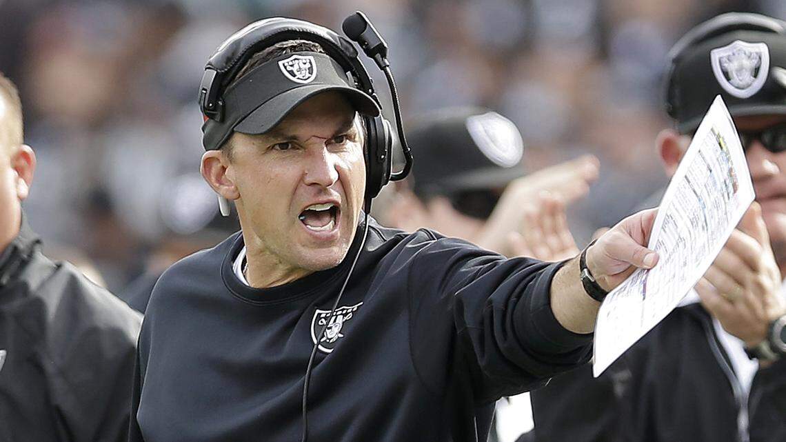 Former Raiders coach Dennis Allen, shown in this 2013 file photo, met with Dolphins owner Stephen Ross and head of football operations Chris Grier Saturday for the team’s vacancy.