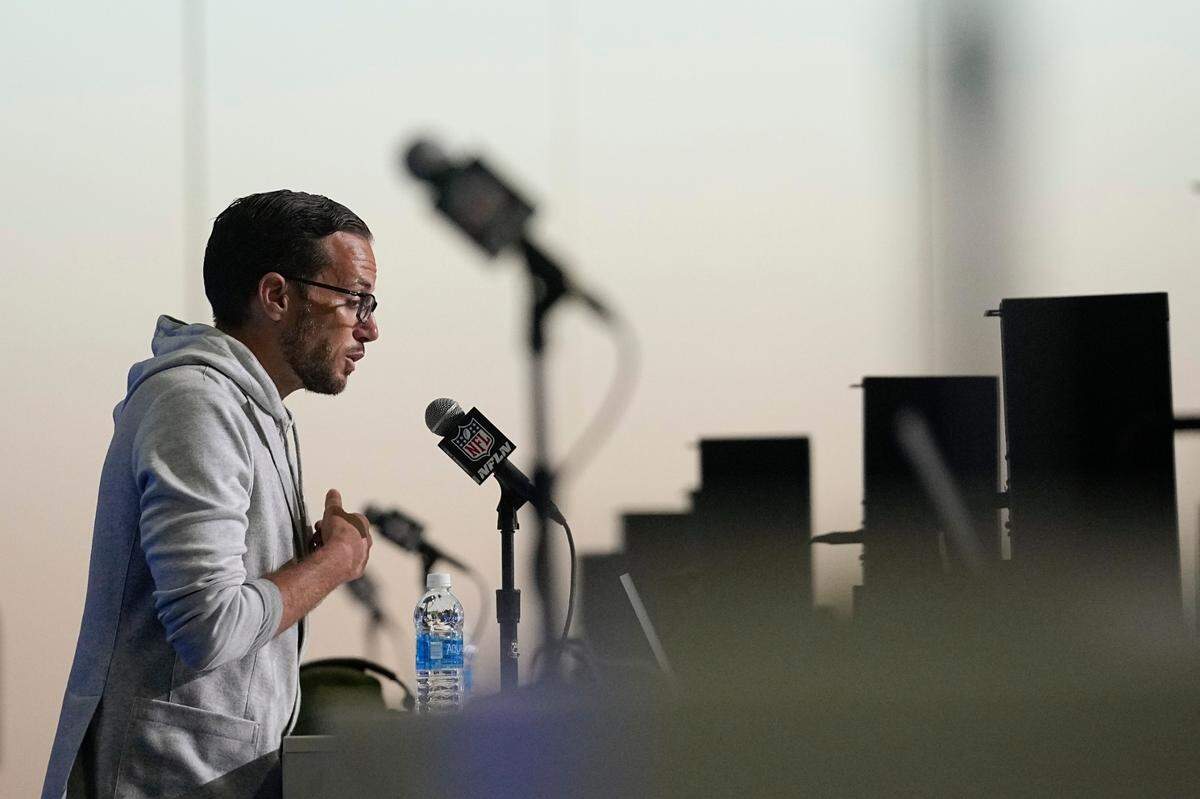 Miami Dolphins head coach Mike McDaniel speaks during a news conference at the NFL football scouting combine, Tuesday, Feb. 28, 2023, in Indianapolis. (AP Photo/Darron Cummings)