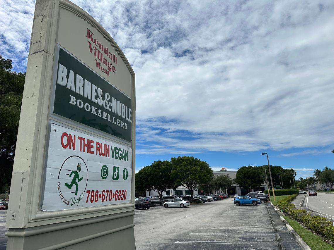 The Kendall Village mall’s major anchor, a Barnes & Noble Bookseller store, closes Sept. 24, 2025. The store is seen here across the parking lot on July 23, 2025.