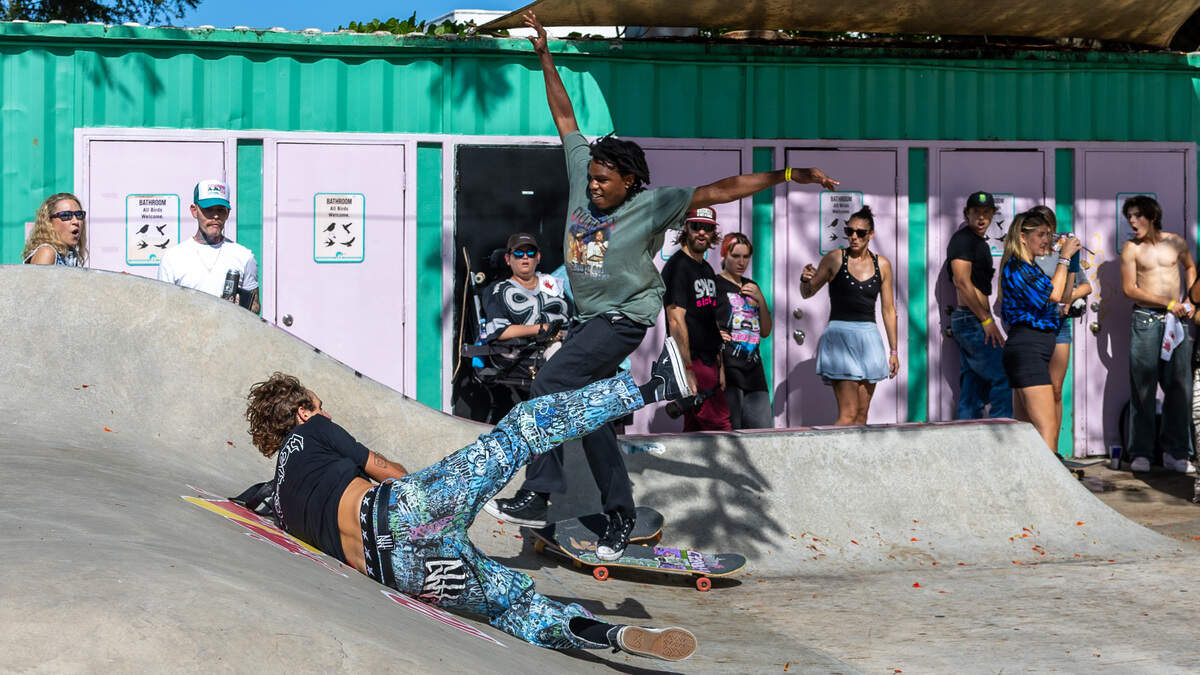 Nick Day, left, and Clarence Jean, right, collide during a head-to-head heat at SkateBird Miami in Miami, Fla., on Sunday, June 21, 2026.