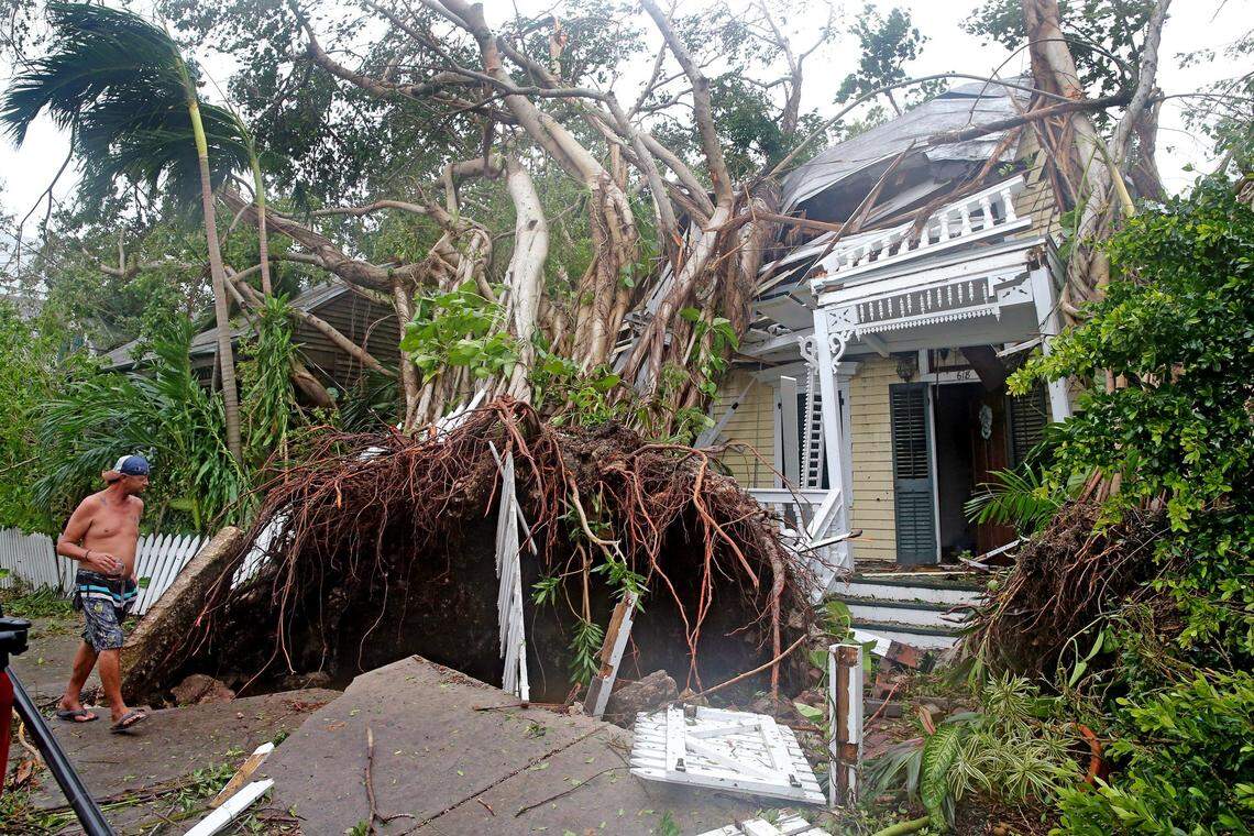 Robert Phillips looks at his neighbor’s house on Williams Street in Key West, a tree crushed the house as Hurricane Irma passed over the island on September 10, 2017.