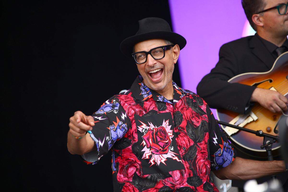 Actor and musician Jeff Goldblum performs with the Mildred Snitzer Orchestra on the final day of Glastonbury Festival at Worthy Farm, Somerset, England, Sunday, June 30, 2019.