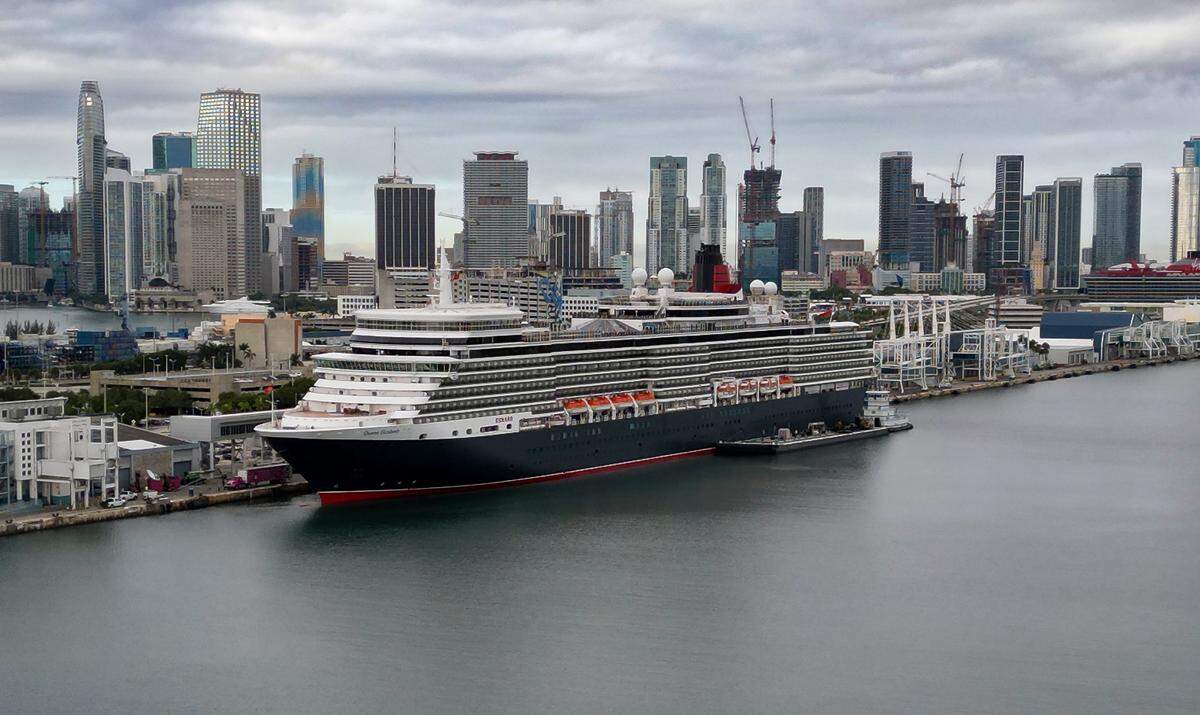 An aerial view of the Cunard cruise ship Queen Elizabeth sits docked at PortMiami on Thursday, Oct. 16, 2025, in Miami. The vessel arrived around 6 a.m. and will be based in Miami for six months, offering voyages to the Caribbean. After tours and festivities, the ship is scheduled to depart later Thursday on its inaugural 12-night Caribbean cruise.