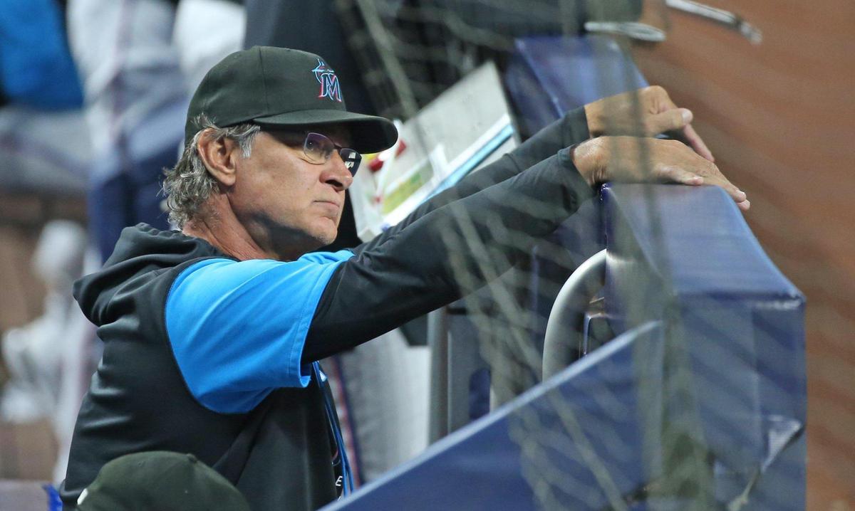 Miami Marlins manager Don Mattingly looks on from the dugout during game against the Washington Nationals at loanDepot park in Miami on Tuesday, June 7, 2022.
