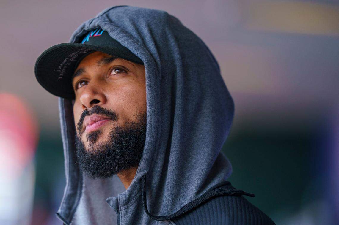 Miami Marlins’ Sandy Alcantara looks on during a baseball game against the Philadelphia Phillies, Wednesday, June 15, 2022, in Philadelphia. The Phillies won 3-1. (AP Photo/Chris Szagola)