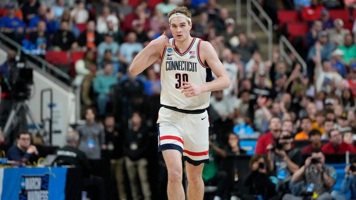 Connecticut Huskies forward Liam McNeeley (30) reacts during the first half against the Oklahoma Sooners at Lenovo Center.