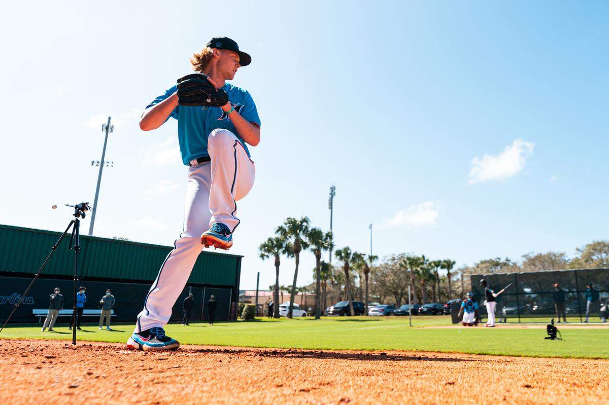 Miami Marlins Max Meyer during 2021 Spring Training on February 10, 2021 at the Miami Marlins Spring Training facility at Roger Dean Chevrolet Stadium in Jupiter, Florida.
