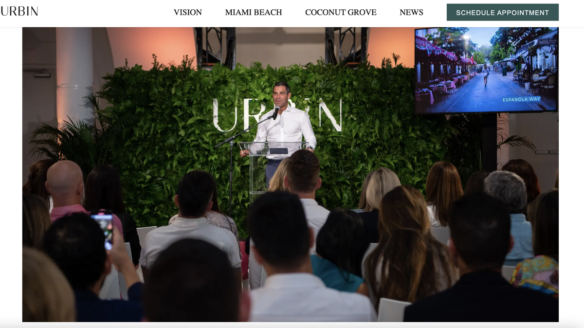 Miami Mayor Francis Suarez speaks at the Miami Beach launch of URBIN, developer Rishi Kapoor’s project, company website shows. Company records show the developer paid Suarez at least $170,000 since 2021.