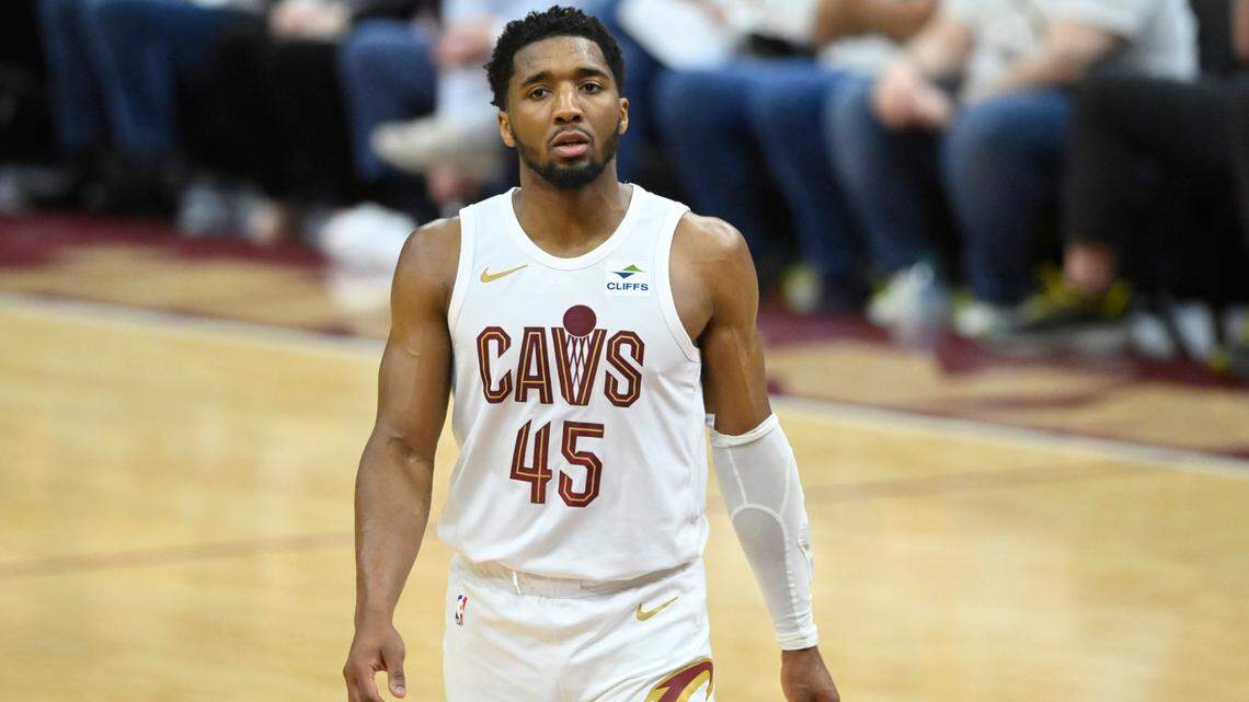 Cleveland Cavaliers guard Donovan Mitchell (45) reacts in the fourth quarter of game three of the second round of the 2024 NBA playoffs against the Boston Celtics at Rocket Mortgage FieldHouse.