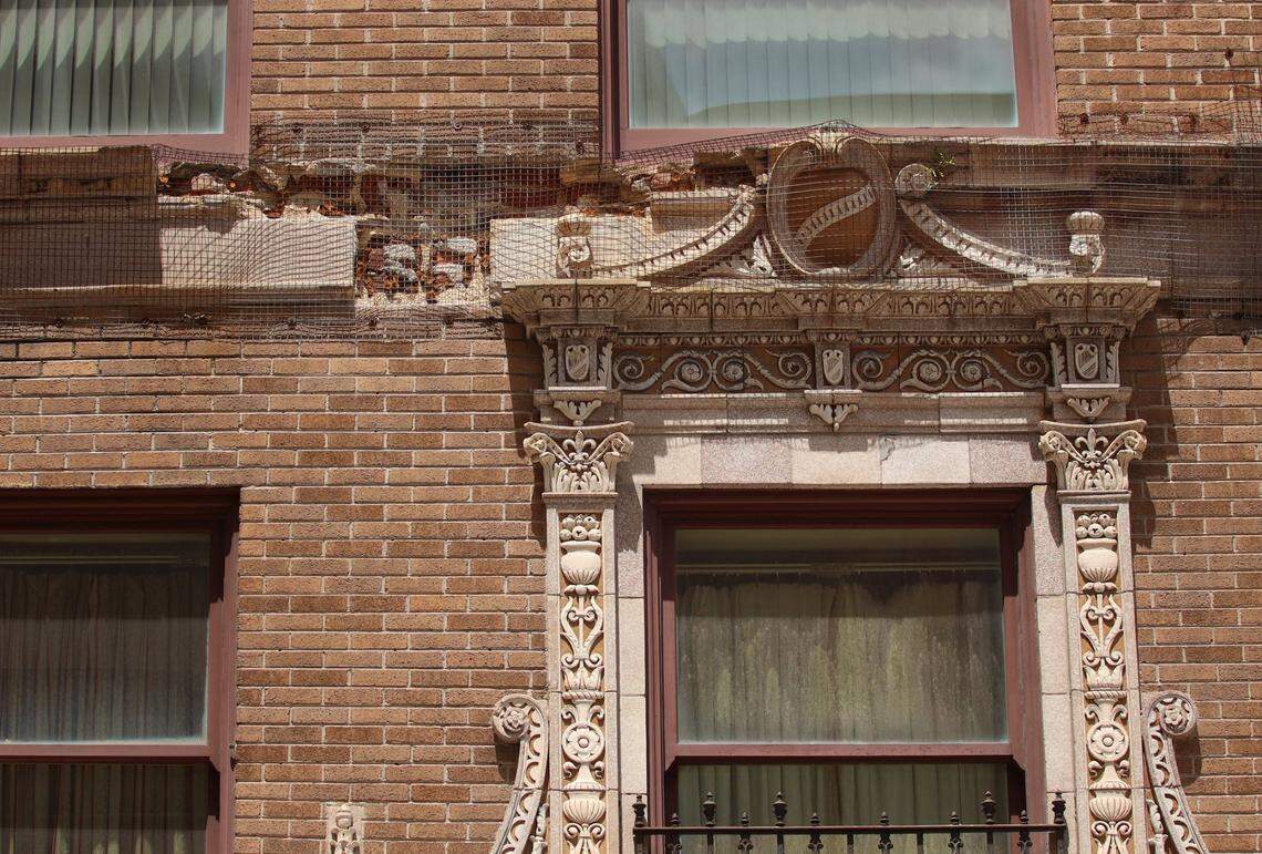 May 18, 2021 – The deteriorating facade of the historic Olympia Theater raises safety concerns for contractors working on the Flagler Street beautification project in downtown Miami, Florida.