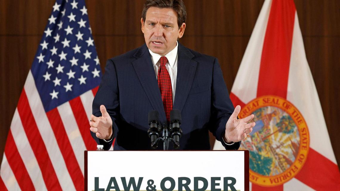 Florida Gov. Ron DeSantis speaks during a press conference proposing anti-crime legislation at the Police Benevolent Association in Miami on Thursday, Jan. 26, 2023.