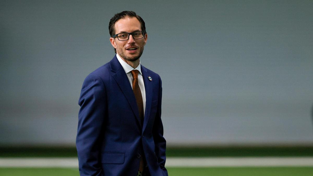 New Miami Dolphins head coach Mike McDaniel looks on before the start of his introductory press conference at Baptist Health Training Complex in Hard Rock Stadium on Thursday, February 10, 2022 in Miami Gardens, Florida.