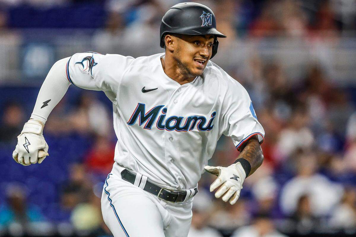 Miami Marlins right fielder Dane Myers (54) reacts after bringing in Miami Marlins Garrett Cooper (26) on a single in the first inning agaInst St. Louis Cardinals at loanDepot park in Miami on Wednesday, July 5, 2023.