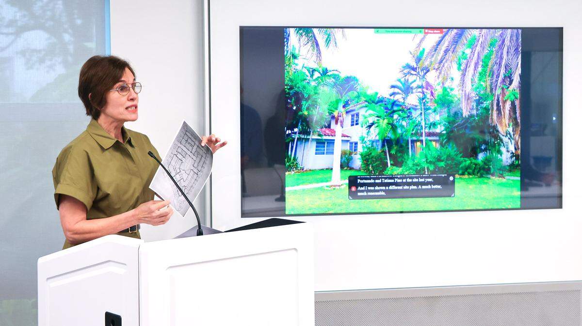 A Coral Gables resident voice her opposition to the development during a Special Master Hearing regarding the Century's proposed development at 110 Phoenetia Avenue on January 13, 2026, at the City of Coral Gables Development Services building, in Coral Gables, Florida.
