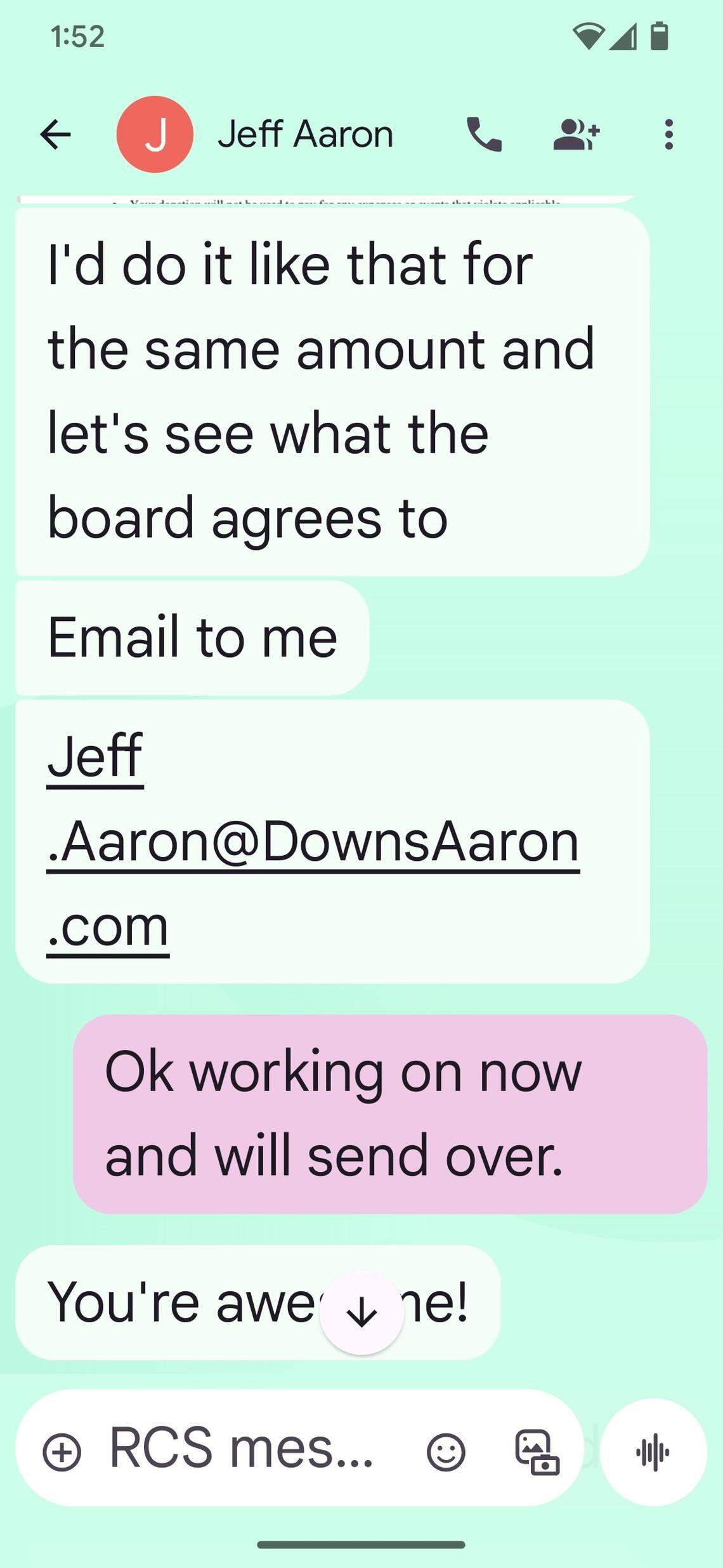 A text message from Hope Florida Foundation attorney Jeff Aaron to Save Our Society from Drugs Executive Director Amy Ronshausen on Oct. 18, 2024 where he is instructing her to copy a grant application from Secure Florida’s Future to the Foundation and email it to him. The message was provided from Rep. Alex Andrade, R-Pensacola, to the Herald on the evening of April 15 after his public hearing on the Foundation where he requested documents related to his inquiry into the Foundation. He said Ronshausen had provided them to him as part of his request.