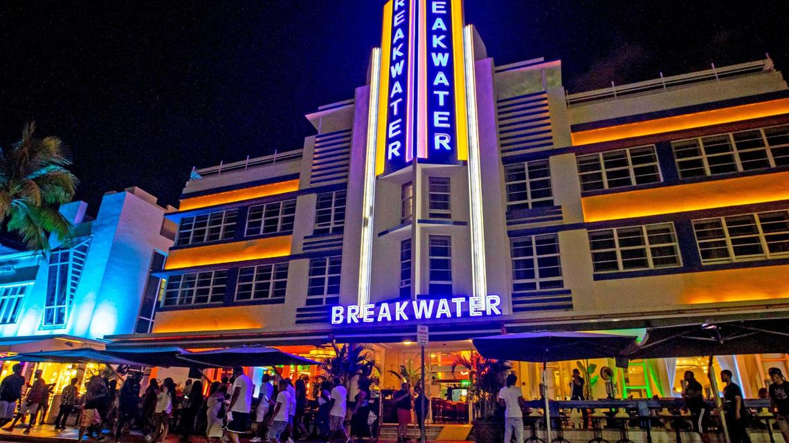 The historic Hotel Breakwater South Beach on Ocean Drive, seen in May of 2022. Bills advancing in the Florida Legislature would override local protections in coastal cities for historic buildings like the Ocean Drive hotels and allow their demolition and redevelopment.