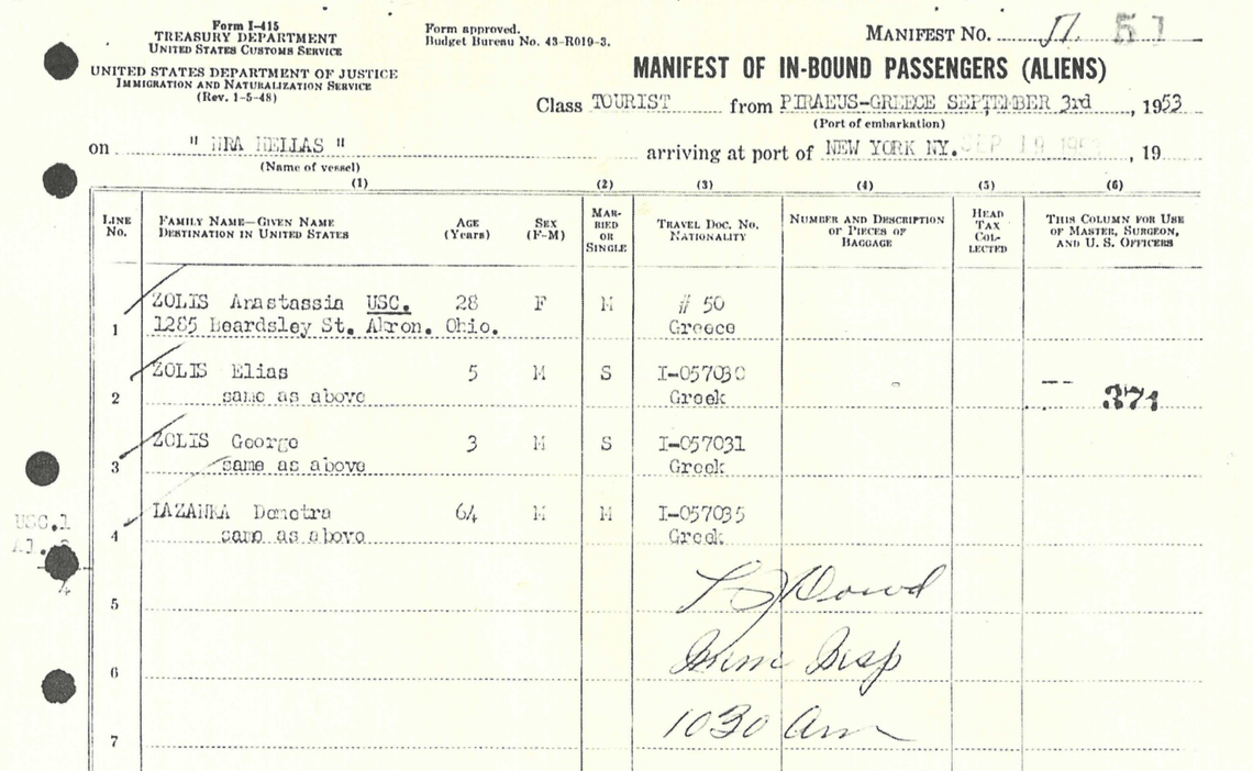 Passenger manifest of the Greek ship Nea Hellas showing George Zoley (then named Zolis) and his family entering the United States in 1953 at Ellis Island.