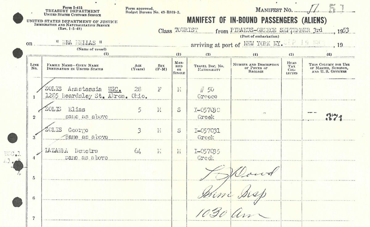 Passenger manifest of the Greek ship Nea Hellas showing George Zoley (then named Zolis) and his family entering the United States in 1953 at Ellis Island.