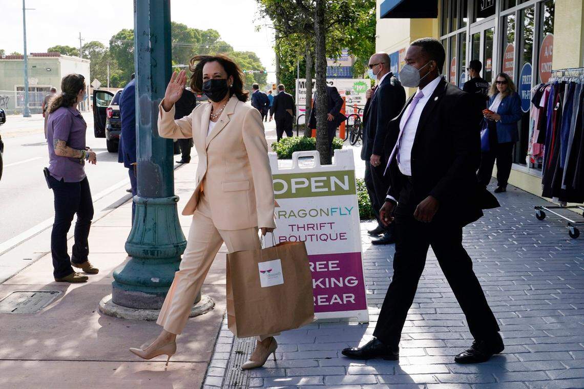 Vice President Kamala Harris visits the Dragonfly Thrift Boutique, Monday, Aug. 1, 2022, in the Little Havana neighborhood of Miami. Harris is attending climate resilience events in Miami. (AP Photo/Lynne Sladky)